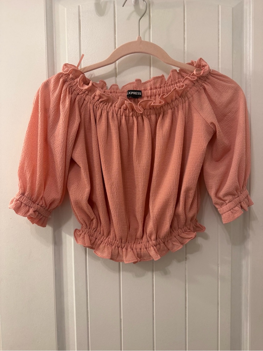 Express Peach Off-Shoulder Smocked Peasant Blouse